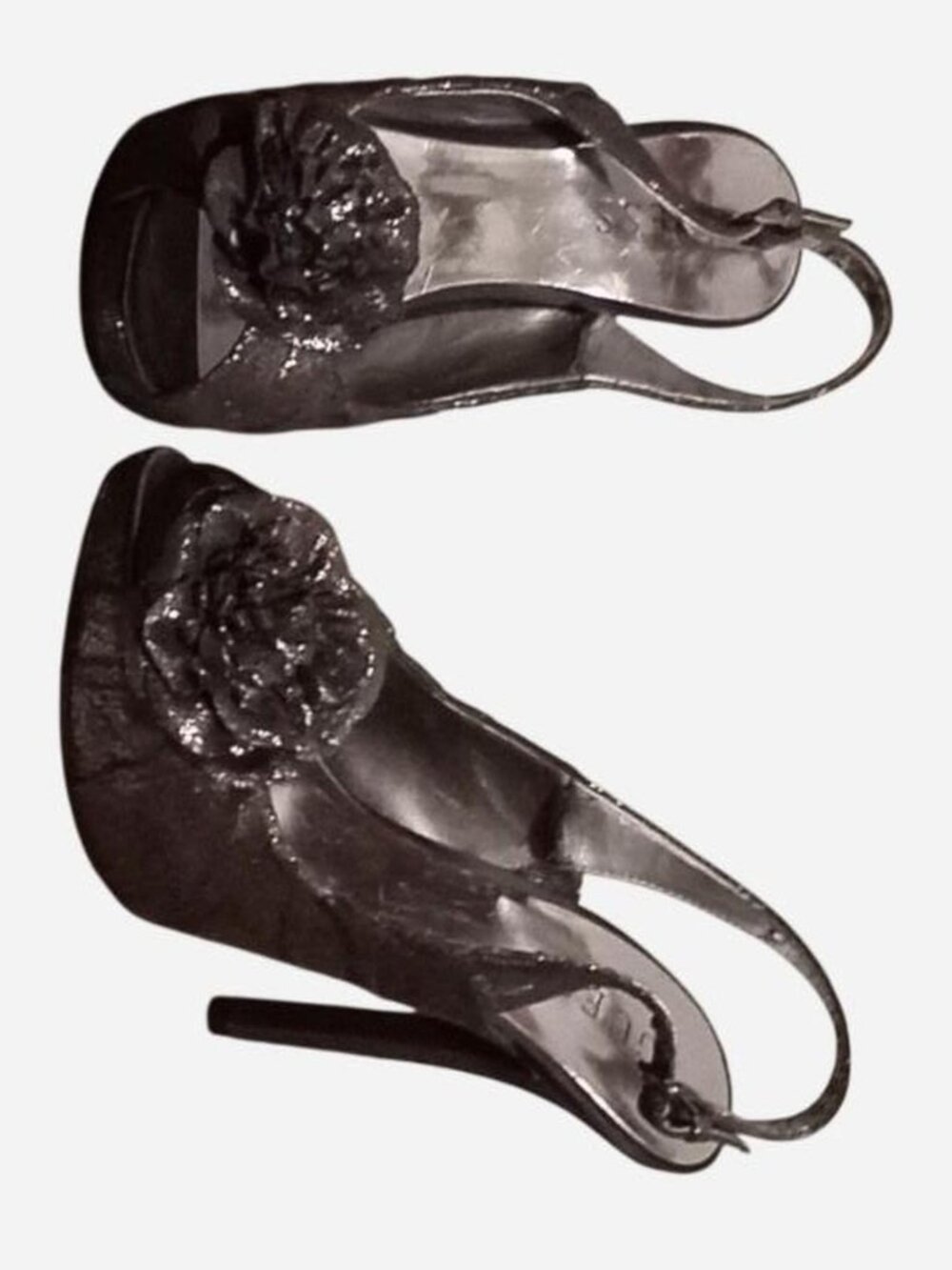 Black and silver Guess 2000s heels with flower